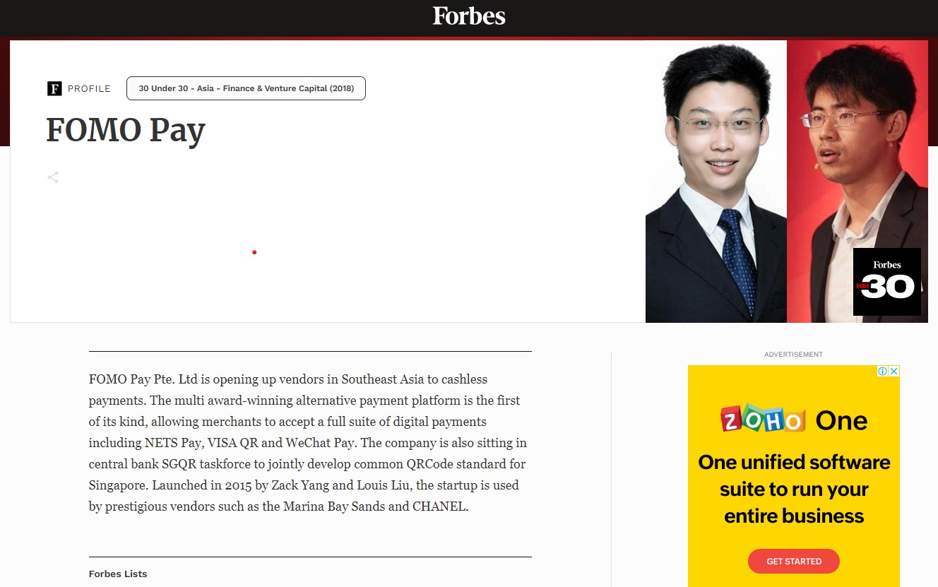 FOMO Pay’s Co-Founders listed in Forbes 30 Under 30 Asia 2018
