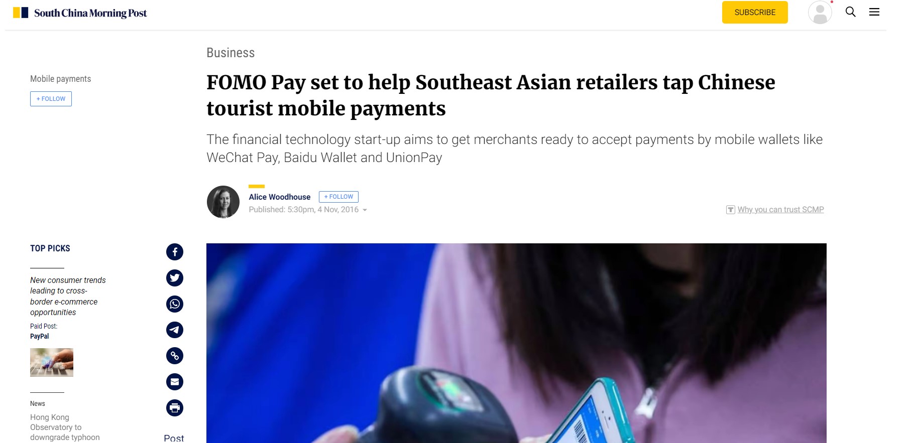South China Morning Post: FOMO Pay set to help Southeast Asian retailers tap Chinese tourist mobile payments